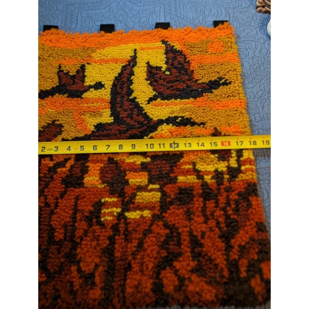 Vintage 70s Geese in Flight Latch Hook Rug Wall Hanging Sunset 24x18 Ready to...